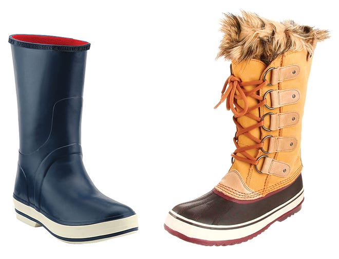 Fashion’s fascination with vintage and retro has spurred old-line companies such as Sorel and Sperry Top-Sider to tweak their offerings with new stylish details and color for boots, including, Cloud Logo Rain Cloud fisherman waders ($80) by Sperry Top-Sider, left, and leather Joan of Arctic boots by Sorel, which come with a faux fur snow cuff and a removable felt inner boot ($113).
