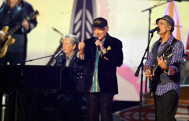 The Beach Boys perform during the Beach Boys Tribute at the 54th annual Grammy Awards in Los Angeles. The Feb. 12 performance was the world’s first glimpse of the ‘new old’ group getting ready to tour.