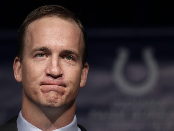 Quarterback Peyton Manning, who will be released by the Indianapolis Colts, speaks during a news conference in Indianapolis, Wednesday, March 7, 2012. Manning, 35, who missed all of last season after a series of operations on his neck, has been the Colts' staring quarterback for 13 seasons, won a record four MVP awards and the 2006 Super Bowl. (AP Photo/Michael Conroy)