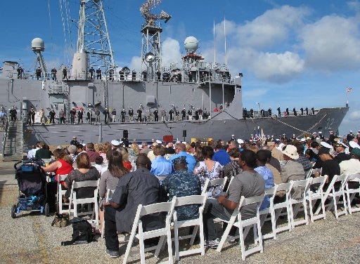 About 200 civilians and sailors attended the decommissioning of the USS John L. Hall at Mayport Naval Station on Friday. The ship was the third frigate to be retired from naval service since Feb. 23.
