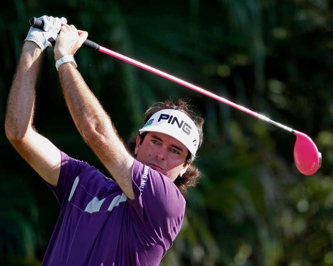 Bubba Watson hits from the 12th tee during the third round of the Cadillac Championship golf tournament on Saturday in Doral, Fla.