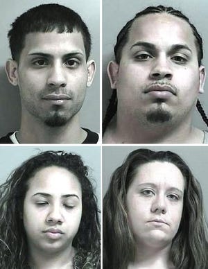 Gabriel Figueroa, top left, Julio Figueroa, Angelica Abreu, bottom left, and Heather Wiley were charged with drug offenses on Monday, March 12, 2012, after Weymouth police broke up what they said was a heroin trafficking operation being run out of an apartment on Charles Street.