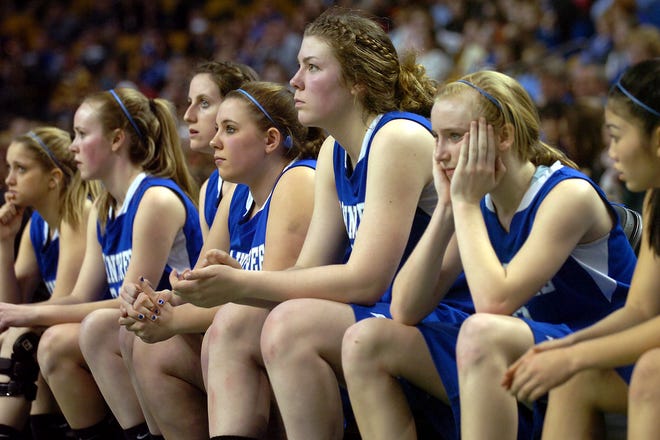 Braintree players watch as the Lady Wamps run out of time against Andover in the Division 1 EMass. final Tuesday, March 13, 2012 at TD Garden in Boston. Andover won, 54-39.