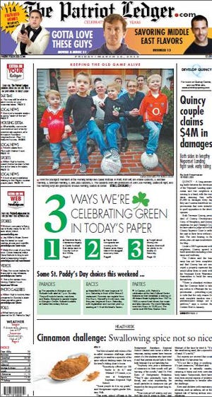 The Patriot Ledger front page for Friday, March 16, 2012