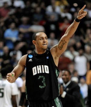 Ohio guard Walter Offutt celebrates after Ohio's 62-56 win over South Florida in a third-round NCAA college basketball tournament game on Sunday, March 18, 2012, in Nashville, Tenn. (AP Photo/Donn Jones)