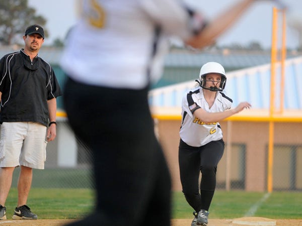 Topsail’s Lacy Akerly leads off of third as Topsail hosts the Laney softball team Monday evening.