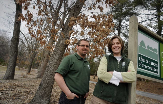 Trustees of Reservations program coordinators Josiah Richards and Miriam Meyer Scagnetti stand at the Doyle Community Park & Center in Leominster. Mr. Richards is the volunteer coordinator and Ms. Scagnetti the project manager for the 2012 Massachusetts Land Conservation Conference, to be held Saturday at Worcester Technical High School.