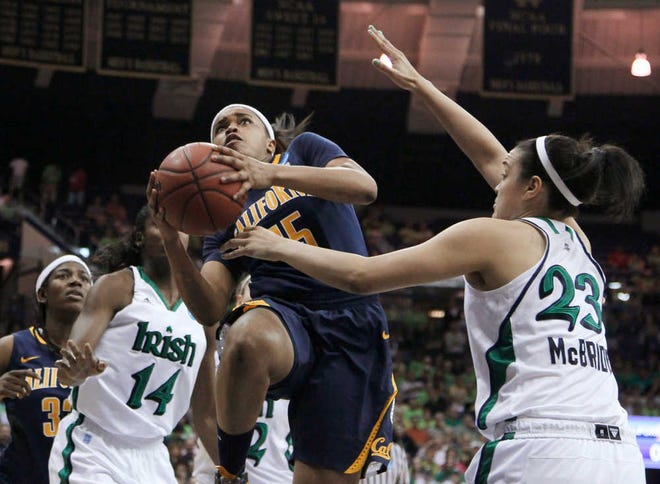 California guard Brittany Boyd, center, shoots between Notre Dame defenders Devereaux Peters (14) and Kayla McBride (23) on Tuesday.