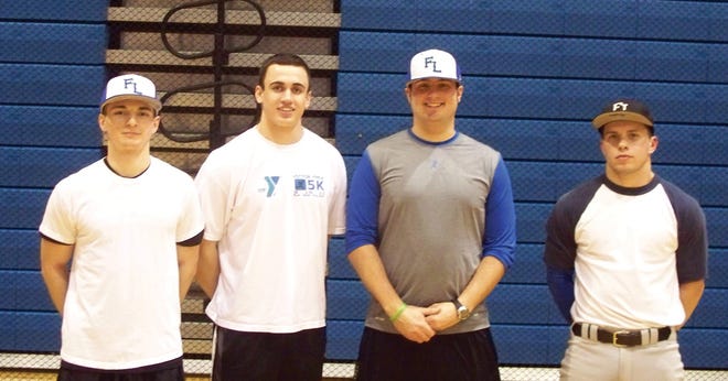 The 2012 FLCC Laker baseball team Victor Blue Devil NYS Championship connection: (left to right) Travis Brill, Joey Simmons, Laker head coach Seam Marren and Brandon Rhodes. Brill, Simmons and Rhodes were members of the 2011 Blue Devil NYS Championship team while Marren was a member of the 2004 Blue Devil NYS Championship team