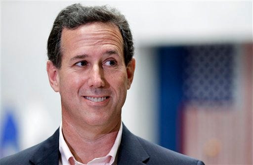 Republican presidential candidate, former Pennsylvania Sen. Rick Santorum talks with the media after speaking to USAA employees during a campaign stop, Thursday, March 22, 2012, in San Antonio. (AP Photo/Eric Gay)