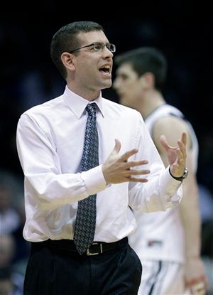 Butler head coach Brad Stevens questions a call in the first half of an NCAA College Basketball Invitational tournament semifinal game against Pittsburgh in Indianapolis, Wednesday, March 21, 2012. (AP Photo/Michael Conroy)