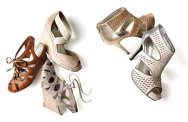 At left, Wedges by Giani Bernini — $79 at Macy’s — are perfect for casual days. At right, Cage-style heels by Alfani — $89 at Macy’s — offer a work-appropriate take on the trend for offices with more casual dress codes.
