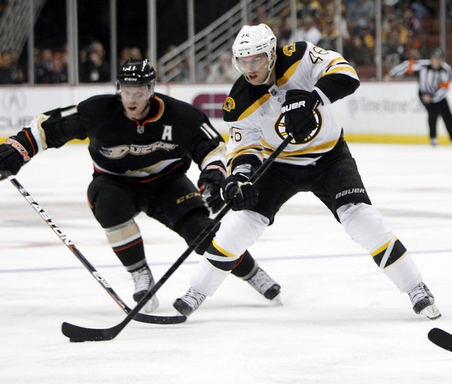 Anaheim Ducks center Saku Koivu and Boston Bruins center David Krejci battle for the puck in the first period of tonight's NHL hockey game in Anaheim, Calif.