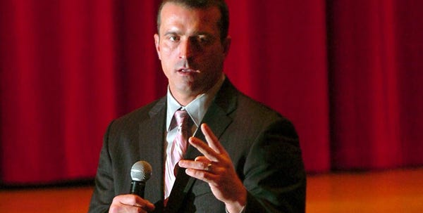 Former NBA star Chris Herren talks to students at Pocono Mountain East High School in Swiftwater on Tuesday, March 27, 2012. Herren, a former point guard with the Denver Nuggets and Boston Celtics, told the students how he had everything and then lost it because of substance abuse.