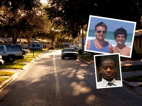 The view along Sarasota's Carver Court. Shawn Tyson, 17, (lower right) is accused of shooting and killing British tourists James Cooper 25 (upper left) and James Kouzaris 24 on April 16 2011 on Carver Court.