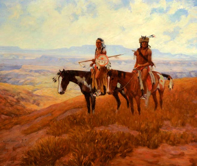 Scouts on Watch, an oil on canvas painted by Lone Wolf in 1921, is part of an exhibit on the American frontier at the Morris Museum of Art.