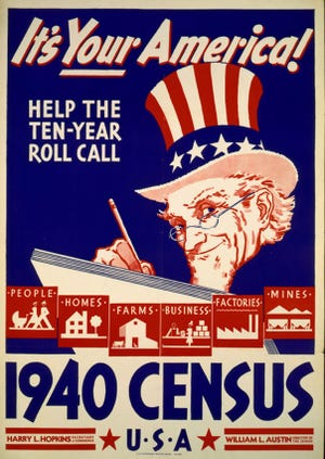 In this photo provided by the Library of Congress, Prints & Photographs Division, a poster for the 1940 Census is shown. Veiled in secrecy for 72 years because of privacy protections, the 1940 U.S. Census is the first historical federal decennial survey to be made available on the Internet initially rather than on microfilm. (AP Photo/Library of Congress, Prints & Photographs Division)
