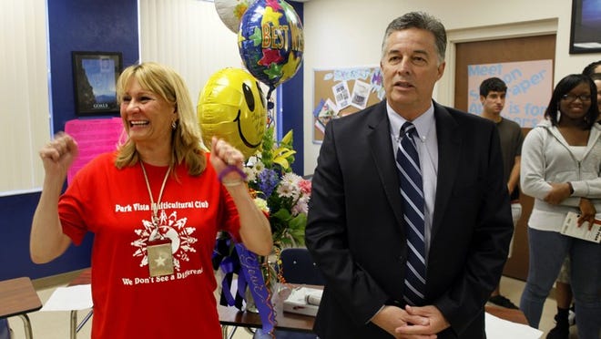 Park Vista High School teacher Mary Monroe was surprised in her classroom by Superintendent Wayne Gent, who announced her as Palm Beach County Teacher of the Year Friday morning.
