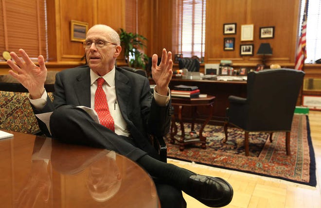 Texas Tech Chancellor Kent Hance discusses his tenure at Tech in his office recently.