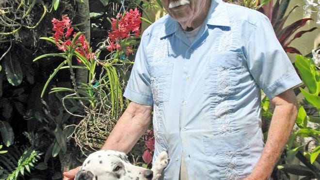Historian Jim Ponce plays with his Dalmatian Penny in his orchid garden. Ponce said he was ‘pleasantly surprised’ at receiving the Evelyn Fortune Barlett Award from the Florida Trust for Historic Preservation.