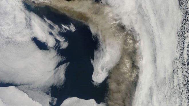 NASA Terra satellite view of the Eyjafjallajökull volcano in Iceland on May 6. The ash plume has been intensifying, according to the BBC.