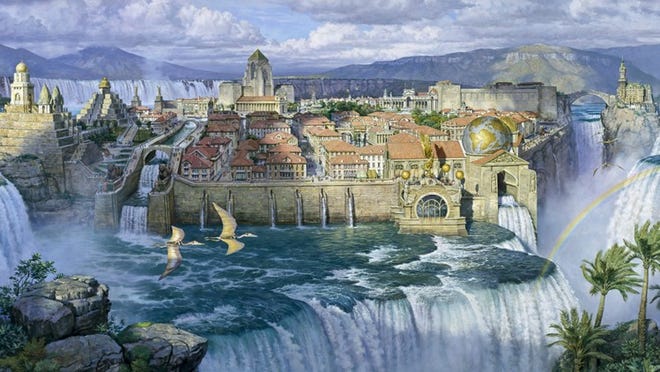 James Gurney's illustration of 'Waterfall City: Afternoon Light, 2001' draws on his on-location studies of Venice and Niagara Falls.