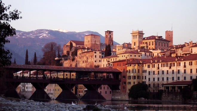 The pedestrian-only covered bridge at Bassano del Grappa, Italy, was designed in 1569 by Andrea Palladio.