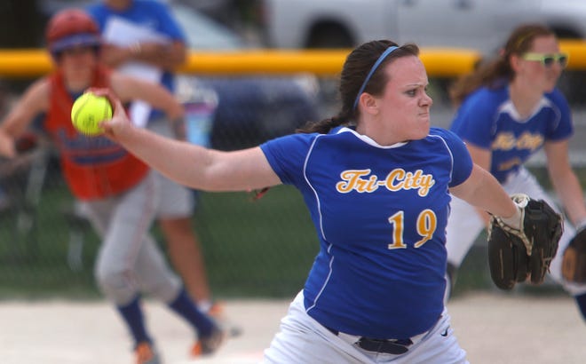 The Tri-City Tornadoes defeated the Pawnee Indians 5-0 in girls softball action at Tri-City High School in Buffalo on Tuesday, April 3, 2012. Tri-City pitcher Leah Shumaker shows her form in route to a shutout on Tuesday.