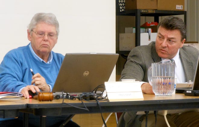 Board president Mary Ann Holden and Superintendent Paul Alioto during Tuesday night’s board meeting. The board discussed whether to add items to next year’s budget in light of a risky financial future.