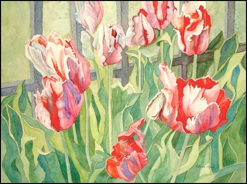 This watercolor, titled “Parrots in the Park,” is by Patricia Flynn, a Holland Friends of Art member who is submitting the artwork for the group’s Tulip Time exhibit at the Holland Area Arts Council.
