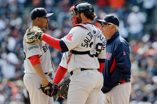 Red Sox manager Bobby Valentine, right, and catcher Jarrod Saltalamacchia talk to relief pitcher Franklin Morales in the eighth inning of the Red Sox' 4-2 loss to the Tigers in Detroit on Thursday.