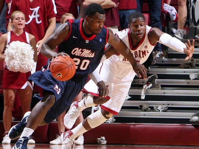 Alabama forward Tony Mitchell (5) pressures Ole Miss' Nick Williams (20) during the second half of a game against Mississippi at the Coleman Coliseum in Tuscaloosa, Feb. 4, 2012. Charles Hankerson, Jr., and Mitchell will not return to the University of Alabama men's basketball team, head coach Anthony Grant announced Friday.