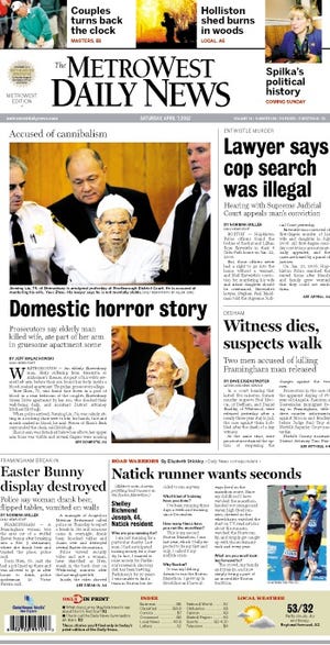 The front page of the 4/7/12 MetroWest Daily News.