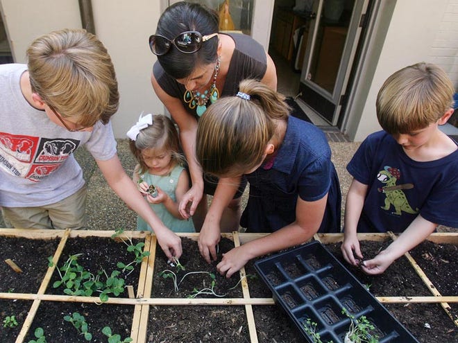 From left, Walker Ferry, 11, Lillie Gould, 4, Katherine Gould, director of Children’s Christian Education at Christ Episcopal Church, Caroline Ferry, 9, and Thomas Elliot Ferry, 6, plant vegetables in the church’s “Glory Garden” on Wednesday. The garden is part of the church’s community outreach program. They have planted about seven varieties of vegetables, which will be used to provide fresh produce to those in need. This is the first year the church is growing the garden.