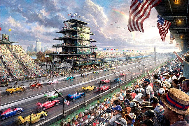 This undated photo provided by The Thomas Kinkade Company via PR Newswire shows Thomas Kinkade's New Studio Masterwork, "Indy Excitement, 100 Years of Racing at Indianapolis Motor Speedway." Kinkade, whose brushwork paintings of idyllic landscapes, cottages and churches have been big sellers for dealers across the United States, died Friday, April 6, 2012, a family spokesman said. (AP Photo/PR Newswire, The Thomas Kinkade Company)