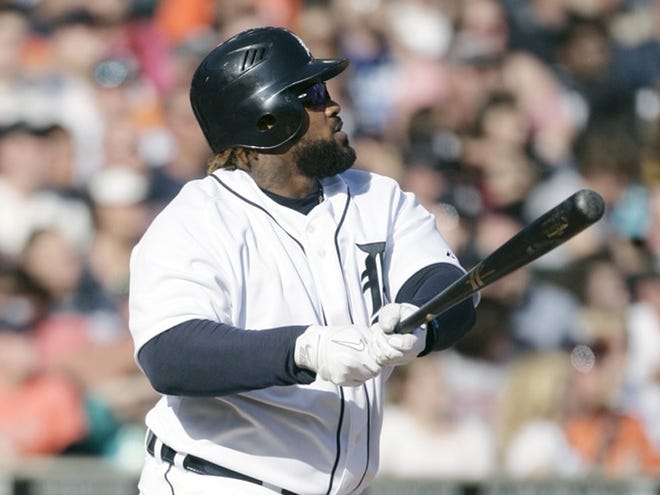 Detroit Tigers' Prince Fielder watches his solo home run in the fourth inning of a baseball game against the Boston Red Sox Saturday, April 7, 2012, in Detroit.