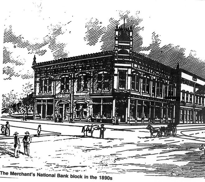 This drawing from the Ocala Banner shows the Merchants National Bank as it appeared in the early 1890s. It was located at the intersection of Main Street and East Broadway, the current site of Bank of America. (File)