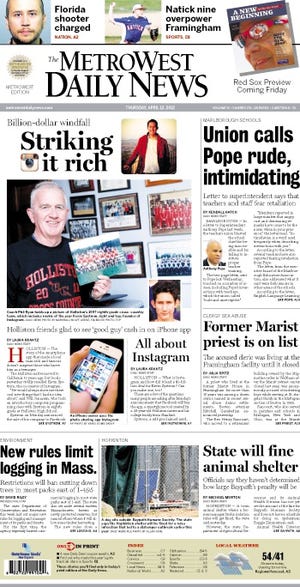 The front page of the 4/12/12 MetroWest Daily News.