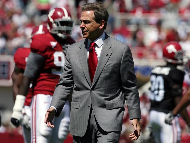 Alabama Coach Nick Saban watches the action during the annual A-Day game at Bryant-Denny Stadium in Tuscaloosa, April 16, 2011.