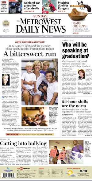 The front page of the MetroWest Daily News for 4/15/12