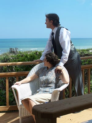 Nancy Grote portrays Marjorie Kinnan Rawlings and Ashley Carter as her husband, Norton S. Baskin in A Classic Theatre's production of "Cross Roads: Marjorie Kinnan Rawlings and Norton S. Baskin in Unguarded Moments" by Deborah B. Dickey.