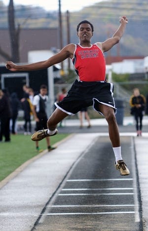 Sewickley Academy's Carrington Motley, shown here in a meet at Quaker Valley last week, went 45 feet, 8 inches in the triple jump Tuesday, the top mark in the area so far this year.