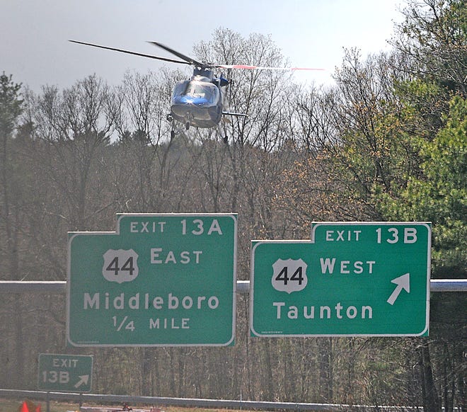 Boston MedFlight's Sikorsky S 76 helicopter lifts off from the in field of the Route 44 off ramp on Route 24 southbound headed to Boston.