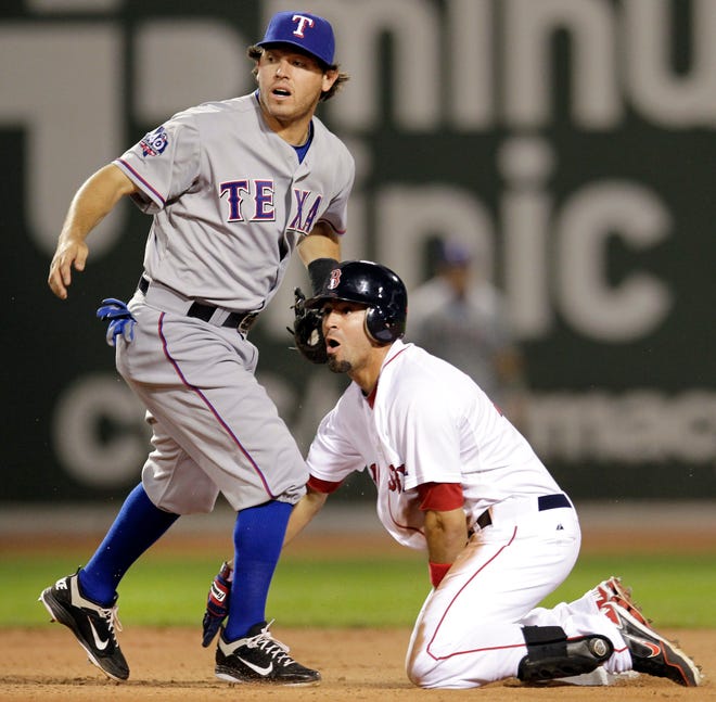 Red Sox outfielder Jason Repko (right) reacts after being called out at second base on a play made by Rangers second baseman Ian Kinsler.