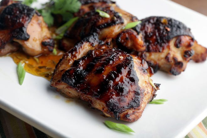 Chicken thighs with spicy apricot glaze grilled to perfection.