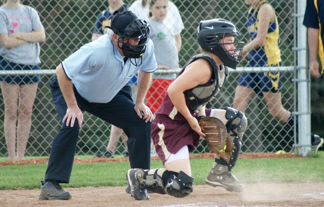 Catcher Diane Cork lands another pitch in her glove at Monday night’s 15-0 win over Perry. Wayland-Cohocton’s came out of the contest having allowed a single hit.