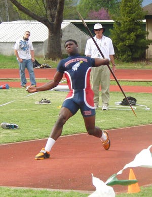 Myke Tavarres of College of the Siskiyous throwing the javelin on his way to winning the 2012 NorCal Community College Decathlon championship April 18 in Redding.