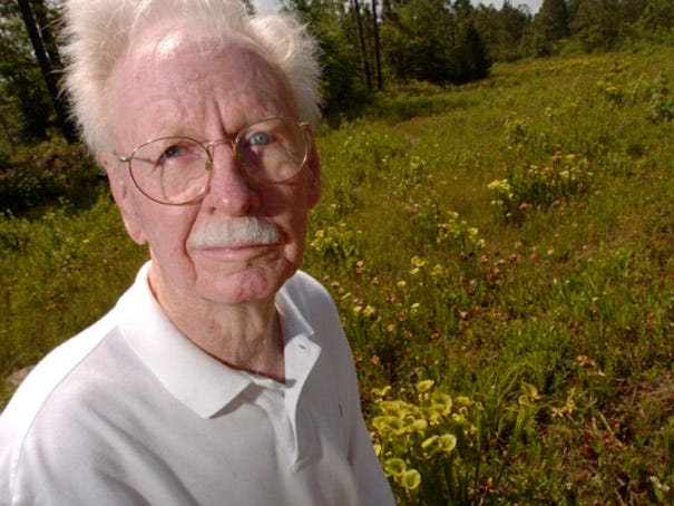 Stanley Rehder, who helped develop the trail of Venus Flytraps and other carnivorous plants in a nature preserve behind Alderman Elementary School looks over a few of the plants June 06, 2006.