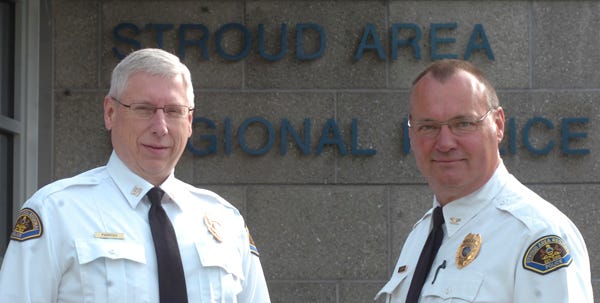 Stroud Area Regional Police Department Capt. William Parrish, left, and Chief John Baujan outside of the department's Day Street headquarters in East Stroudsburg. Parrish will soon take the helm of the department as Baujan retires in May.
