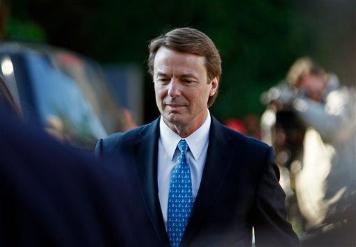 Former U.S. Sen. and presidential candidate John Edwards arrives at federal court in Greensboro, N.C., Monday, April 23, 2012. Prosecutors and defense lawyers will begin making their case to jurors on whether the former presidential candidate violated federal campaign finance laws. (AP Photo/Gerry Broome)